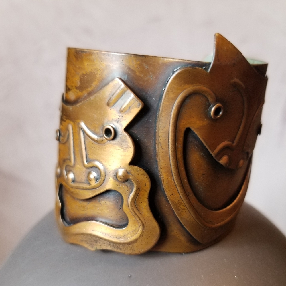 (SOLD)Rebajes Comedy & Drama Mask Handwrought Copper Cuff Bracelet